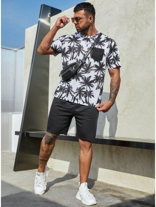 Shein Extended Sizes Men Tropical Print One Pocket Tee & Drawstring Waist Shorts