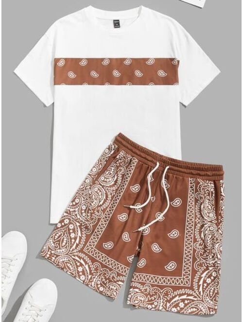 SHEIN Men Paisley Print Tee & Drawstring Waist Shorts