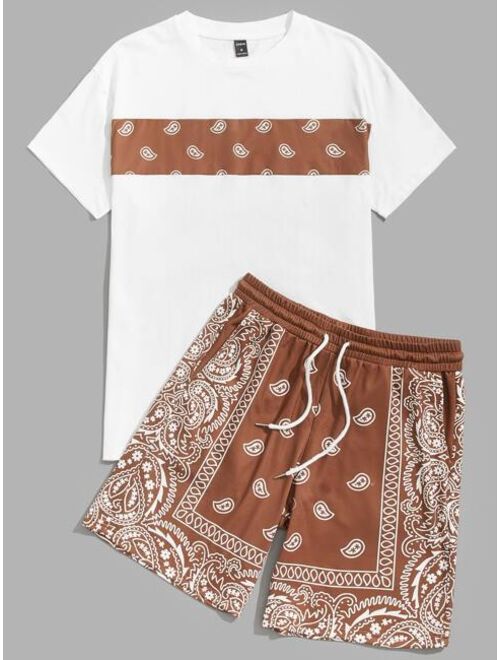 SHEIN Men Paisley Print Tee & Drawstring Waist Shorts