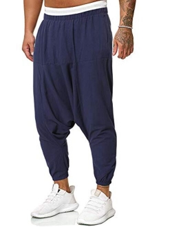 Hotmiss Men Cotton Linen Hip Hop Baggy Harem Low Crotch Pants Joggers Sweatpants