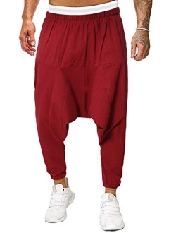 Hotmiss Men Cotton Linen Hip Hop Baggy Harem Low Crotch Pants Joggers Sweatpants