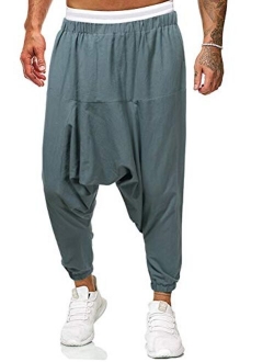 Hotmiss Men Cotton Linen Hip Hop Baggy Harem Low Crotch Pants Joggers Sweatpants