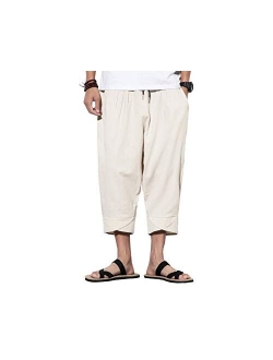 INVACHI Mens Casual Elastic Waist Linen Capri Wide Leg Baggy Harem Pants Trousers