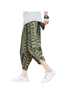 INVACHI Mens Casual Elastic Waist Linen Capri Wide Leg Baggy Harem Pants Trousers