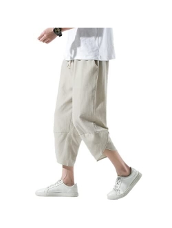 INVACHI Mens Casual Elastic Waist Linen Capri Wide Leg Baggy Harem Pants Trousers