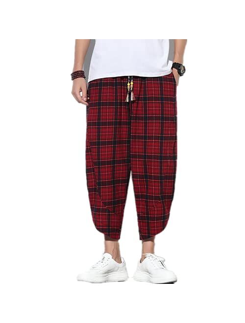 INVACHI Mens Casual Elastic Waist Linen Capri Wide Leg Baggy Harem Pants Trousers