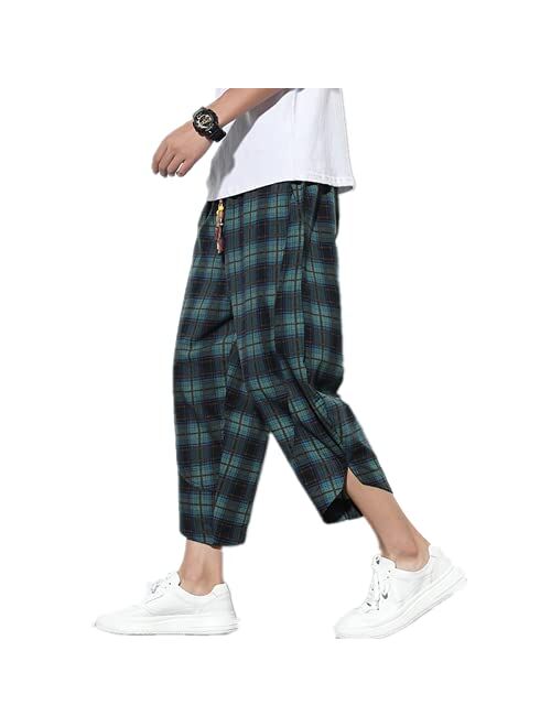 INVACHI Mens Casual Elastic Waist Linen Capri Wide Leg Baggy Harem Pants Trousers