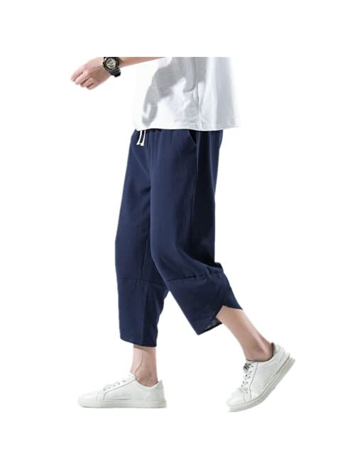 INVACHI Mens Casual Elastic Waist Linen Capri Wide Leg Baggy Harem Pants Trousers