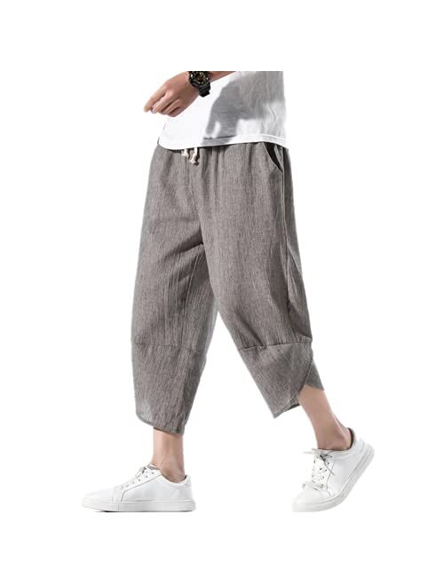 INVACHI Mens Casual Elastic Waist Linen Capri Wide Leg Baggy Harem Pants Trousers