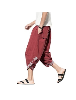 DOSLAVIDA Men's Linen Harem Capri Pants Lightweight Elastic Waist Wide Leg Cropped Trousers Casual Loose Beach Capris