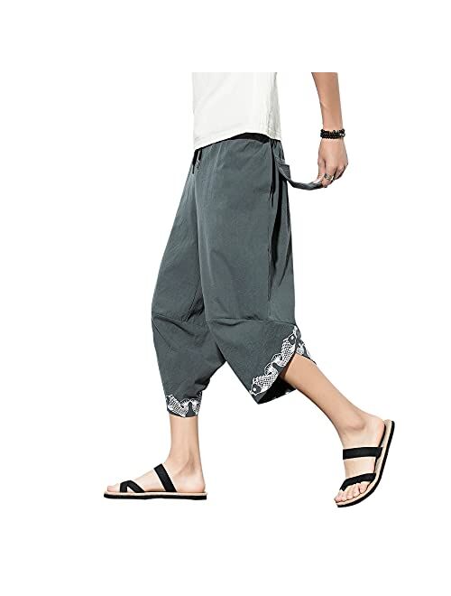 DOSLAVIDA Men's Linen Harem Capri Pants Lightweight Elastic Waist Wide Leg Cropped Trousers Casual Loose Beach Capris