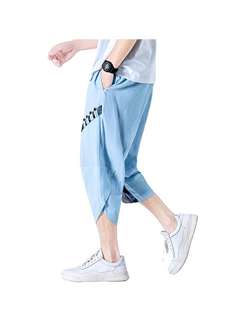 DOSLAVIDA Men's Linen Harem Capri Pants Lightweight Elastic Waist Wide Leg Cropped Trousers Casual Loose Beach Capris