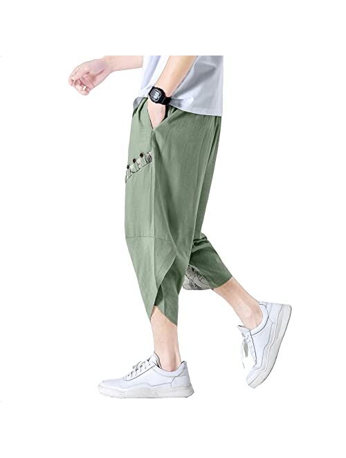 DOSLAVIDA Men's Linen Harem Capri Pants Lightweight Elastic Waist Wide Leg Cropped Trousers Casual Loose Beach Capris