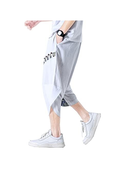 DOSLAVIDA Men's Linen Harem Capri Pants Lightweight Elastic Waist Wide Leg Cropped Trousers Casual Loose Beach Capris