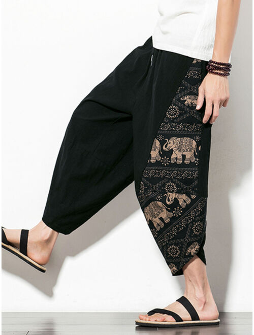 Shein Men Elephant Print Drawstring Waist Pants