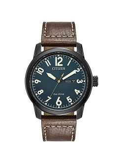 Eco-Drive Garrison Quartz Mens Watch, Stainless Steel with Leather strap, Field watch, Brown (Model: BM8478-01L)