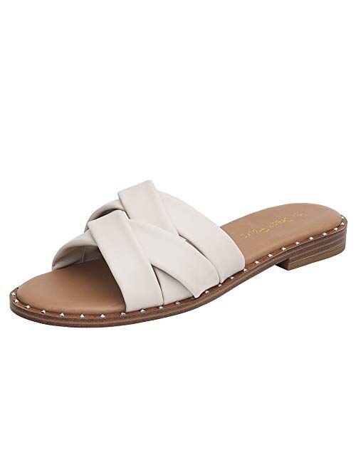 DREAM PAIRS Women' s Cute Slip On Studded Flat Slides Sandals