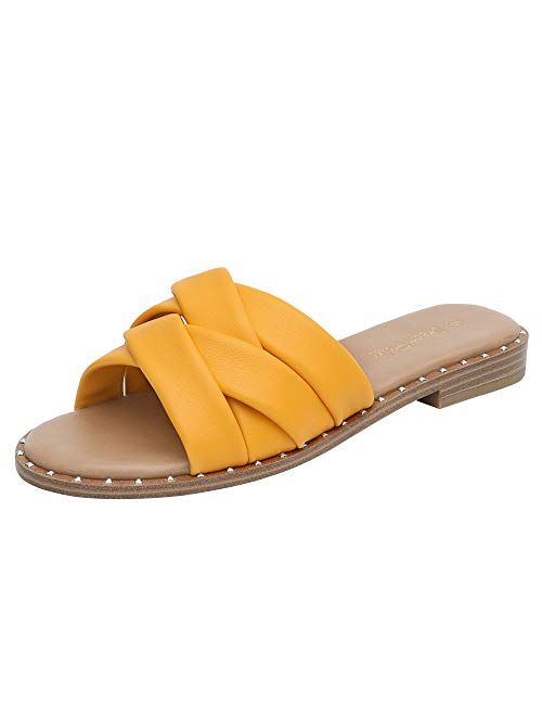 DREAM PAIRS Women' s Cute Slip On Studded Flat Slides Sandals