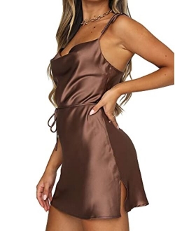 Just Quella Women Adjustable Straps Cowl Neck Satin Slip Mini Party Dress