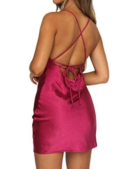 Just Quella Women Adjustable Straps Cowl Neck Satin Slip Mini Party Dress