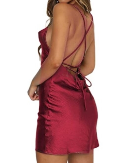 Just Quella Women Adjustable Straps Cowl Neck Satin Slip Mini Party Dress