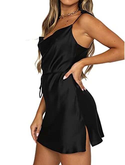 Just Quella Women Adjustable Straps Cowl Neck Satin Slip Mini Party Dress