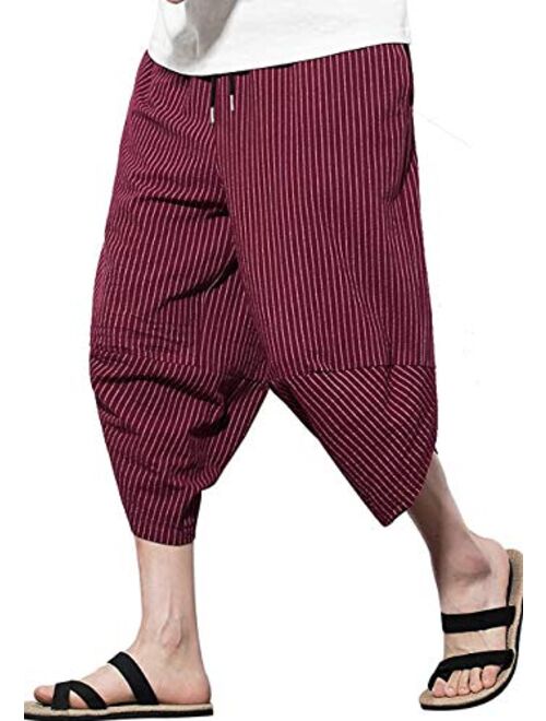 MIZOK Men's Striped Harem Capris Casual Wide Leg Baggy Linen Cotton Pants with Elastic