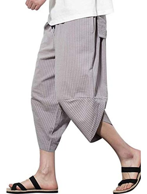 MIZOK Men's Striped Harem Capris Casual Wide Leg Baggy Linen Cotton Pants with Elastic