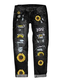 Sidefeel Womens Ripped Leopard Floral Patchwork Jeans Destroyed Slim Fit Denim Pants