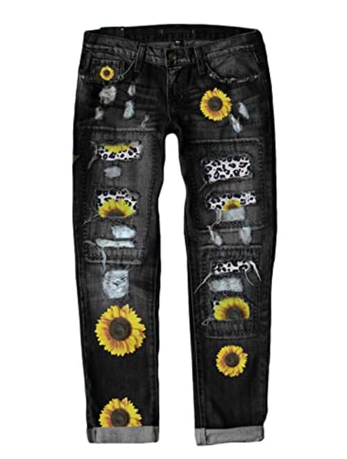 Sidefeel Womens Ripped Leopard Floral Patchwork Jeans Destroyed Slim Fit Denim Pants