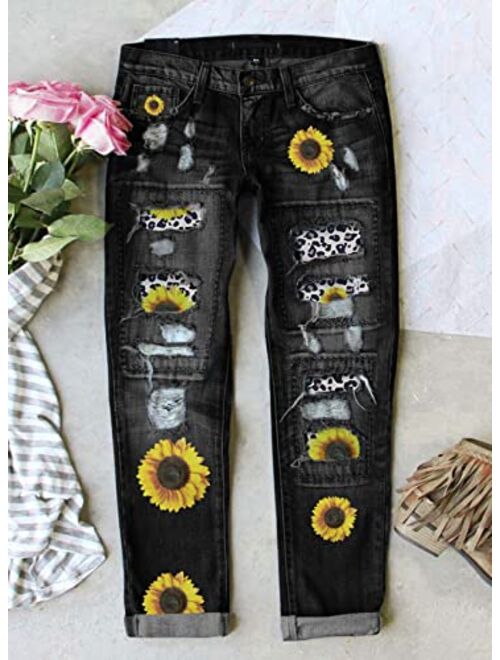 Sidefeel Womens Ripped Leopard Floral Patchwork Jeans Destroyed Slim Fit Denim Pants