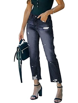 Sidefeel Women Patchwork Destroyed Raw Hem Jeans Ripped Hole Denim Pants