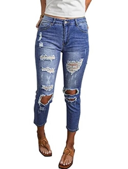 Sidefeel Women Patchwork Destroyed Raw Hem Jeans Ripped Hole Denim Pants