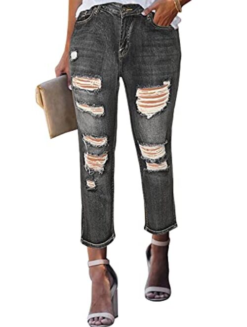 Sidefeel Women Patchwork Destroyed Raw Hem Jeans Ripped Hole Denim Pants