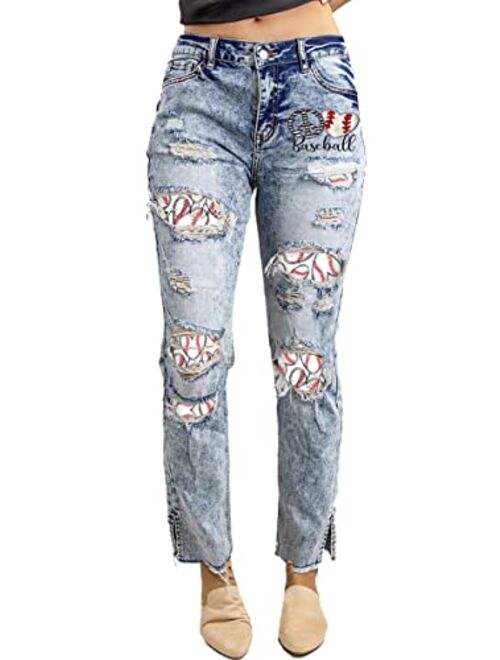 Sidefeel Women Patchwork Destroyed Raw Hem Jeans Ripped Hole Denim Pants