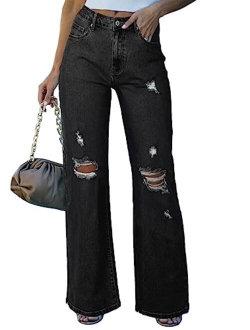 Sidefeel Women Mid Rise Distressed Flare Jeans Ripped Hole Denim Pants