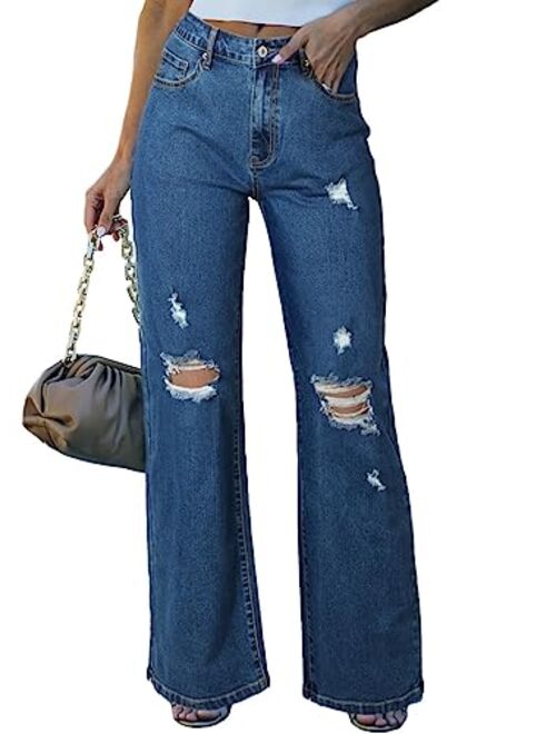 Sidefeel Women Mid Rise Distressed Flare Jeans Ripped Hole Denim Pants