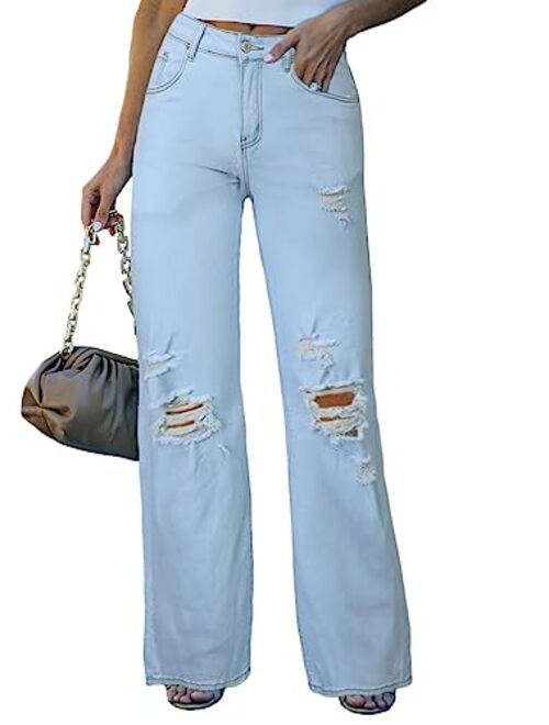 Sidefeel Women Mid Rise Distressed Flare Jeans Ripped Hole Denim Pants