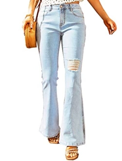 Sidefeel Womens Distressed Button Fly Jeans Raw Hem Bell Bottom Denim Pants