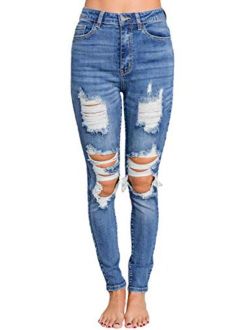 Sidefeel Women Button Fly High Rise Distressed Ripped Skinny Denim Jeans