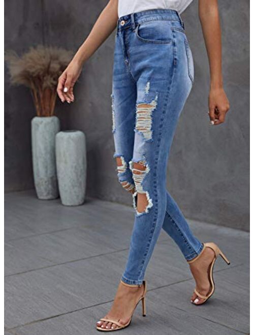 Sidefeel Women Button Fly High Rise Distressed Ripped Skinny Denim Jeans