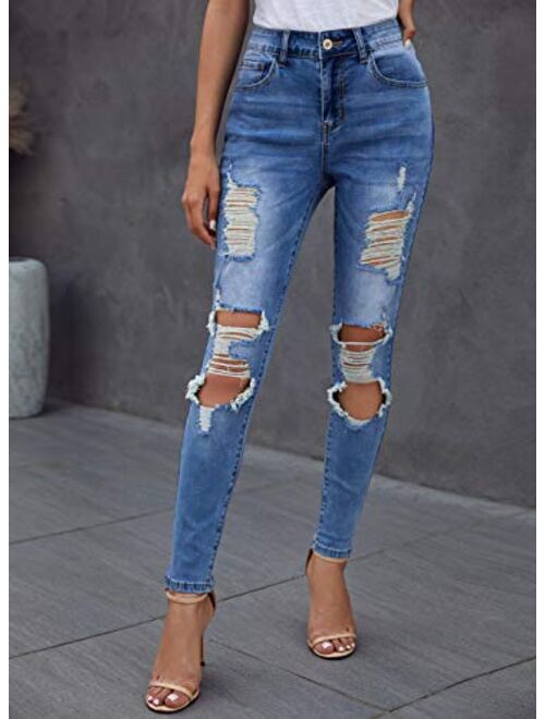 Sidefeel Women Button Fly High Rise Distressed Ripped Skinny Denim Jeans