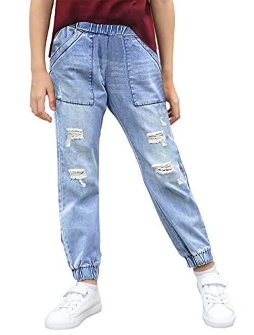 Sidefeel Girls Ripped Flare Jeans Elastic Waist High Waist Fitted Denim Pants 4-11Years