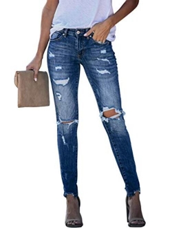 Sidefeel Women Mid Rise Distressed Ripped Skinny Denim Jeans