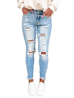 Sidefeel Women Mid Rise Distressed Ripped Skinny Denim Jeans