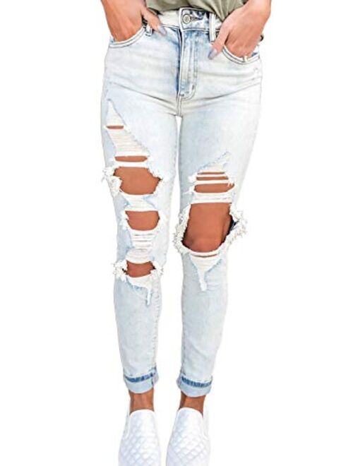 Sidefeel Women Mid Rise Distressed Ripped Skinny Denim Jeans