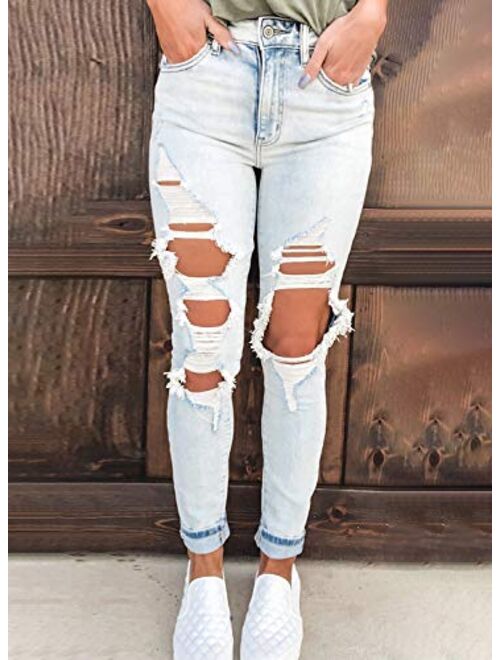 Sidefeel Women Mid Rise Distressed Ripped Skinny Denim Jeans