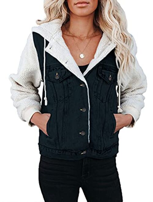 Sidefeel Womens Long Sleeve Button Up Denim Jackets Patchwork Fleece Hooded Coat with Pockets