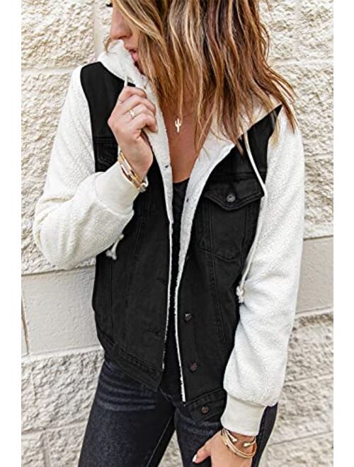 Sidefeel Womens Long Sleeve Button Up Denim Jackets Patchwork Fleece Hooded Coat with Pockets