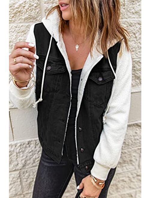 Sidefeel Womens Long Sleeve Button Up Denim Jackets Patchwork Fleece Hooded Coat with Pockets